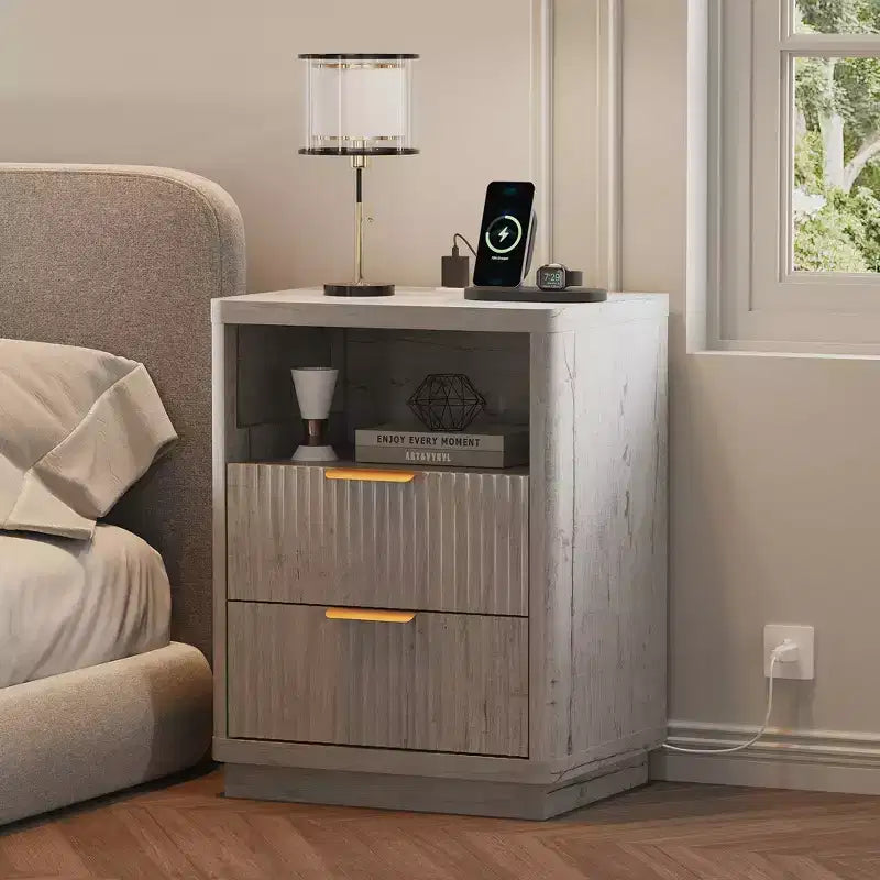 Grey Fluted Nightstand Set of 2 C Modern Farmhouse Bedside Tables with Charging Station & 2-Drawer Storage (Mid-Century Design)