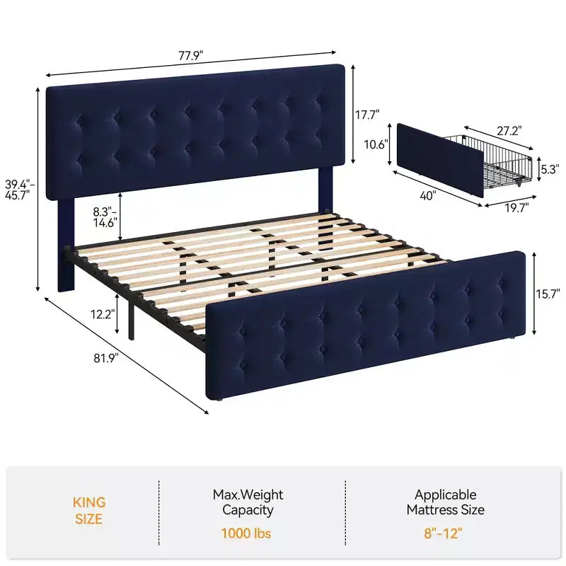 Queen-size bed frame with 4 storage drawers, velvet upholstered headboard, slatted wooden support, button tufting, no spring mattress required.