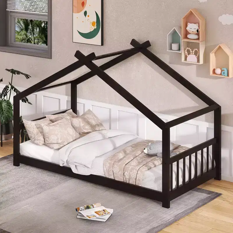 Twin/Full Kids Floor House Bed, Wood Montessori House Bed Frame with Fence, Playhouse Tent Bed with Roof