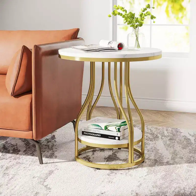 LITTLE TREE Modern 2 Tier Round Side End Table with Storage for Living Room White/Gold