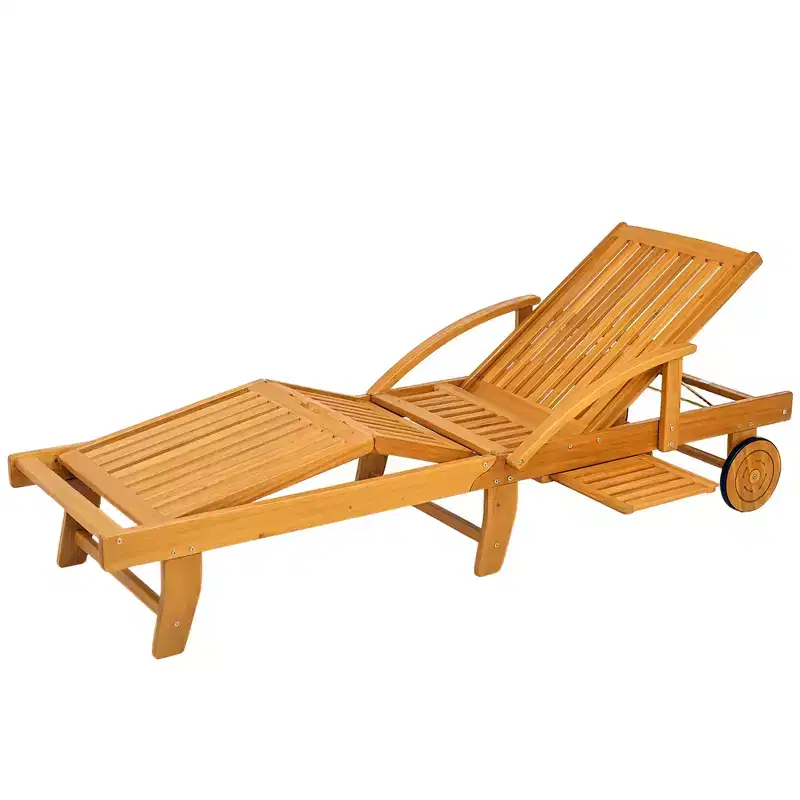 Folding Lounge Chair, 4-Level Adjustable Tanning Chair with Wheels, Acacia Wood Patio Lounger for Beach