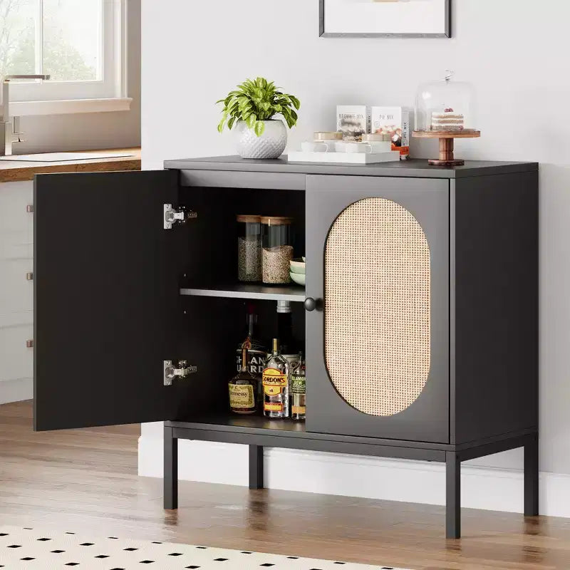 Rattan Storage Cabinet, Sideboard Buffet Cabinet, Wood Console Cabinet with Storage Shelf, Sideboard Cabinet for Hallway, Entryway, Living Room