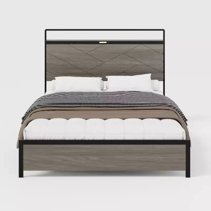 Full/Queen/King Size Platform Bed with LED Storage Headboard, Wooden Platform Bed Frame with 2 USB, Large Underbed Storage, Antique Grey