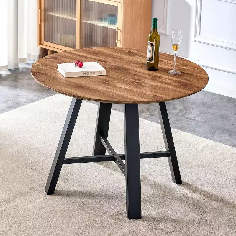 42IN Minimalism Round Dining Table, Dining Table with Cross Reinforced Metal Legs, Round Table for Living Room, Dining Room, Wood