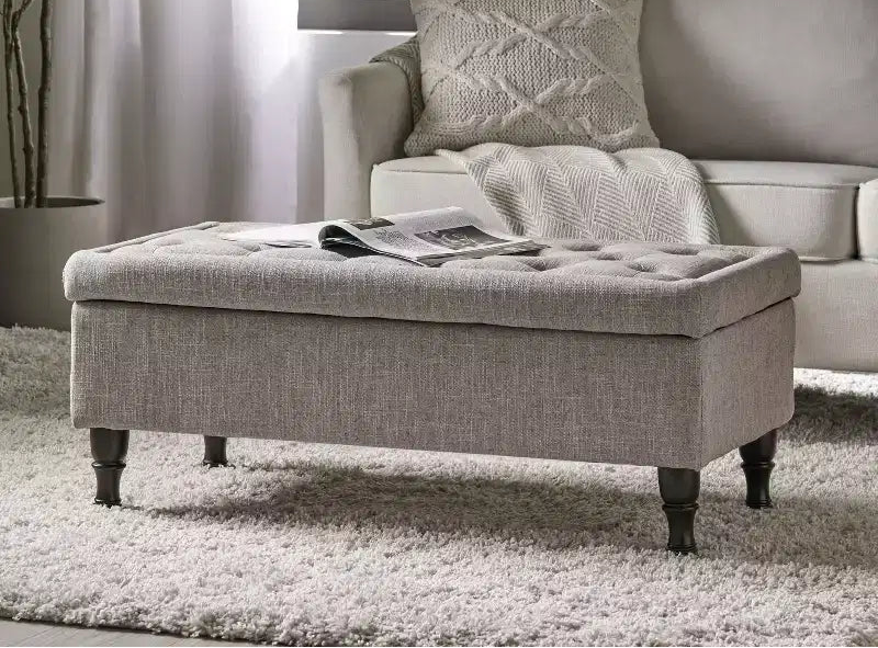 Tufted Storage Ottoman Bench with Spindle Wood Legs