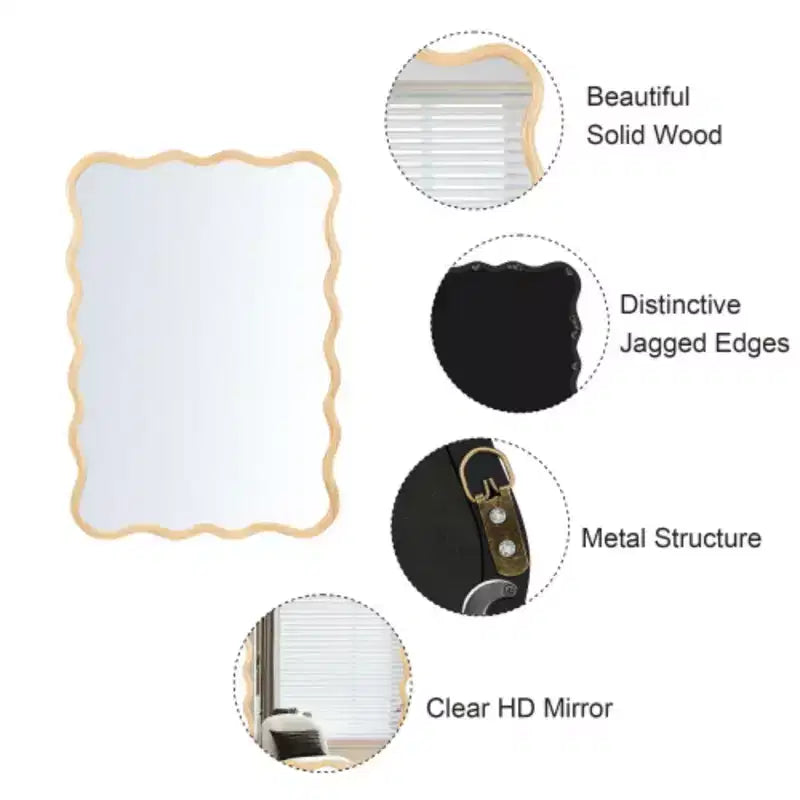 40 x 28Solid Wood Wavy Rectangle Mirror-Natural-Wood for Bathroom, Bedroom, Living Room, Dining Room, Cloakroom, Entryway