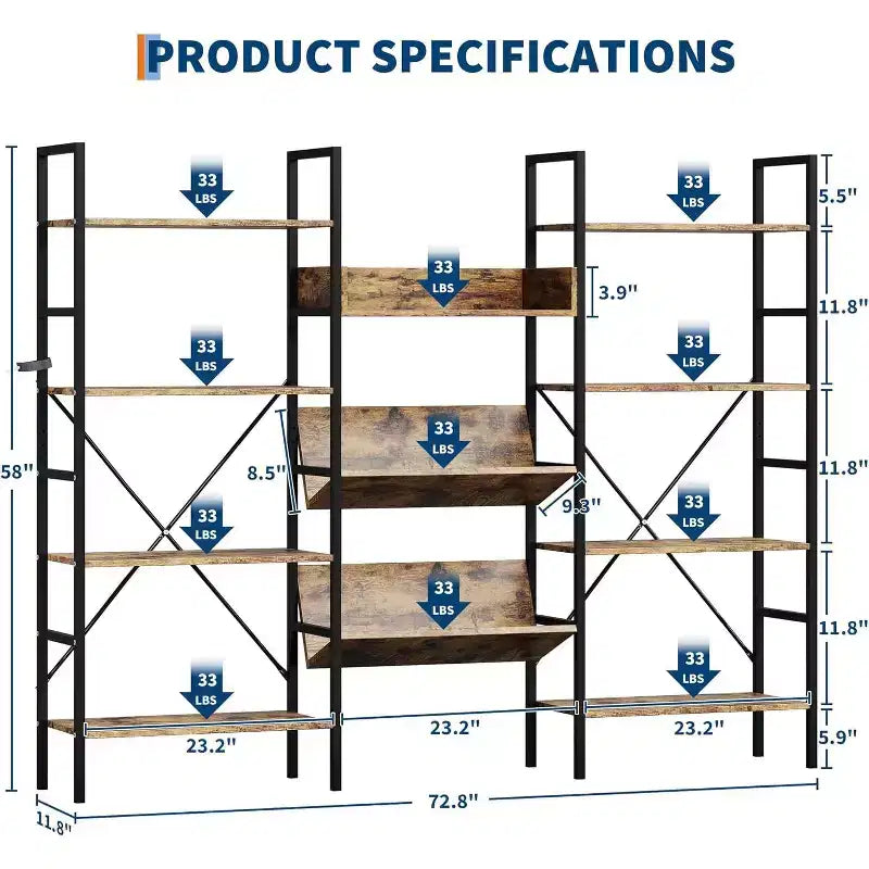 Triple-Column Adjustable Bookcase  11 Shelves, 33LB/Shelf, Steel Frame & MDF Panels (Black) for Living Room, Office, Bedroom