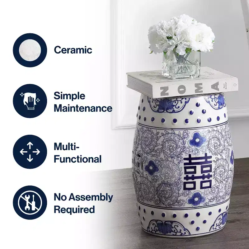JONATHAN Y Double Happiness 18 Chinoiserie Ceramic Drum Garden Stool/Accent Table