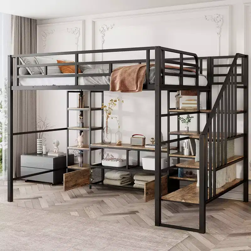 91.5''L x56.3''W Full Size Metal Loft Bed with Staircase, Low Storage Table and Storage Shelves