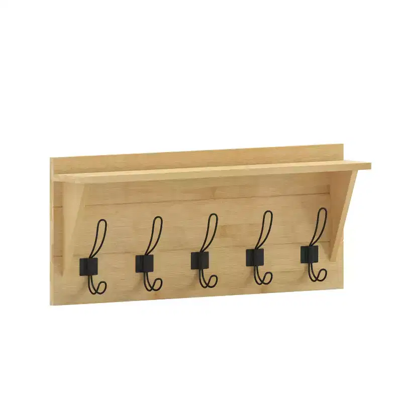 Emma and Oliver Rustic Country Wall Mounted Entryway Shelf with 5 Rustic Hooks and Wood Construction