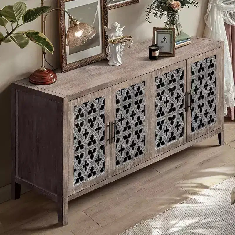 60 Vintage Farmhouse Sideboard Buffet Cabinet, Distressed Wood Credenza with Hollow-Carved Fretwork Doors - Panipeachy