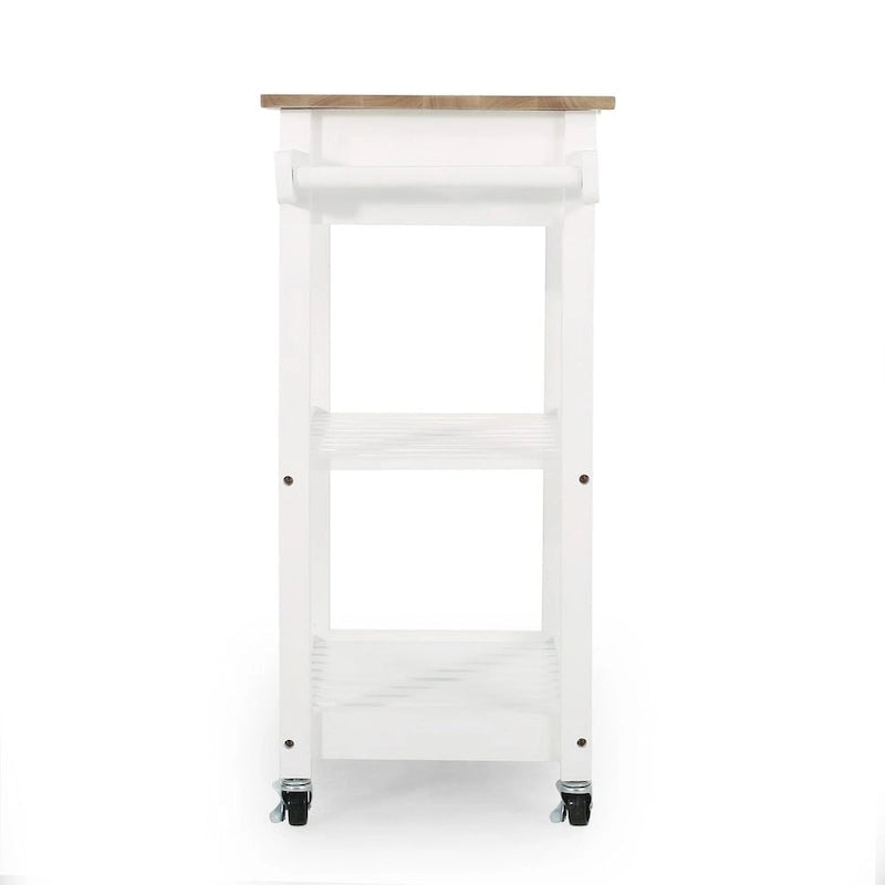 Compact Rolling Kitchen Cart with Rubberwood Top Drawer 2 Slatted Shelves and Towel Rack