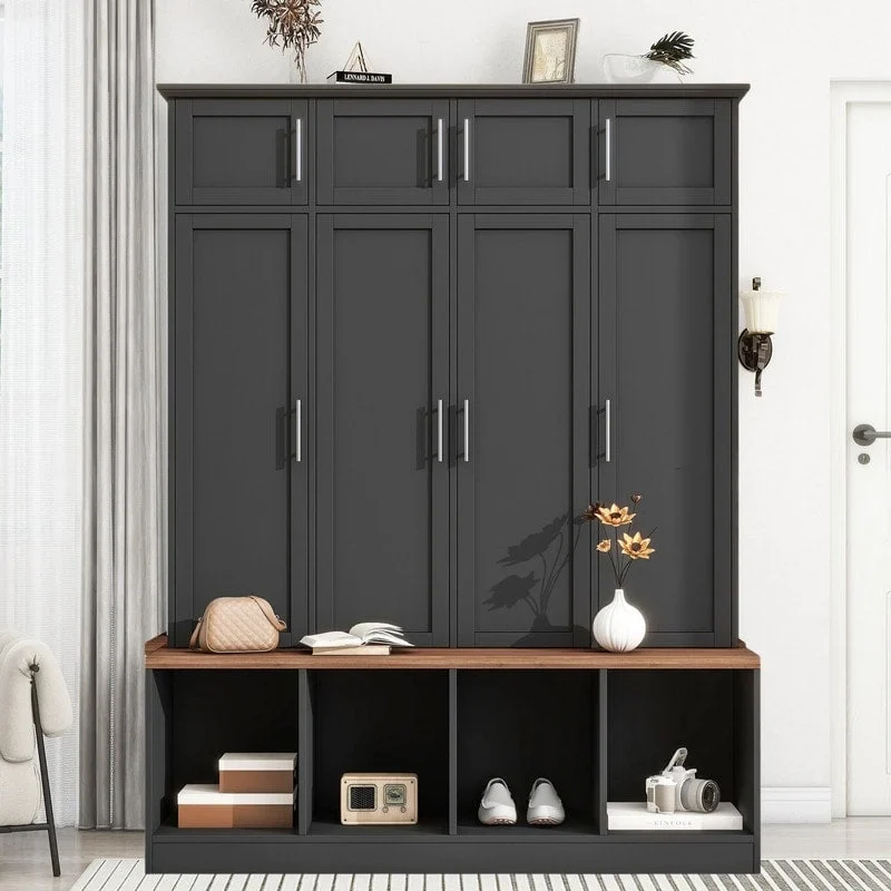Hall Tree Hallway Storage Bench with Shoe Cubbies and Coat Rack with Hooks
