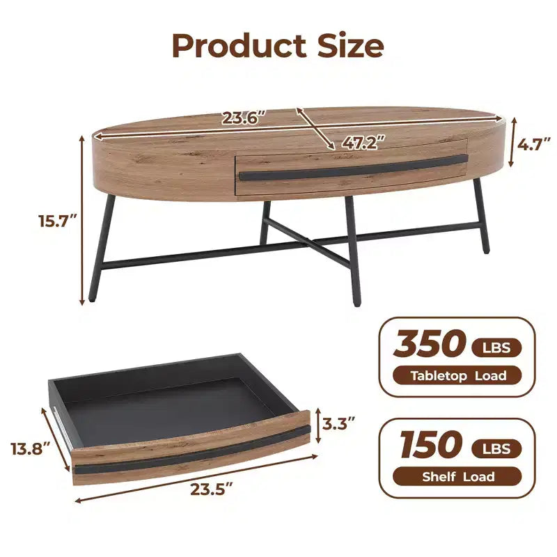 Coffee Table Mid-Century Modern Oval - 47.2 Wooden Storage Table with Drawer, Unique Curved Design & Cross Metal Legs for Living Room