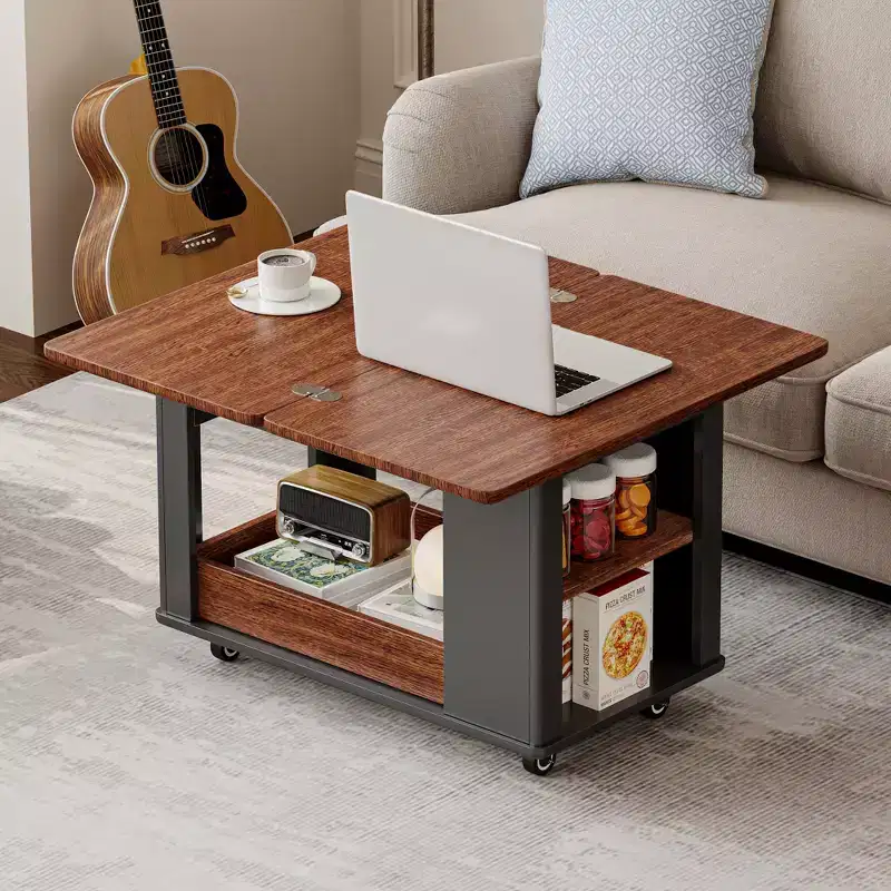Farmhouse Coffee Table with Storage, Vintage Side Table with Foldable Top for Living Room