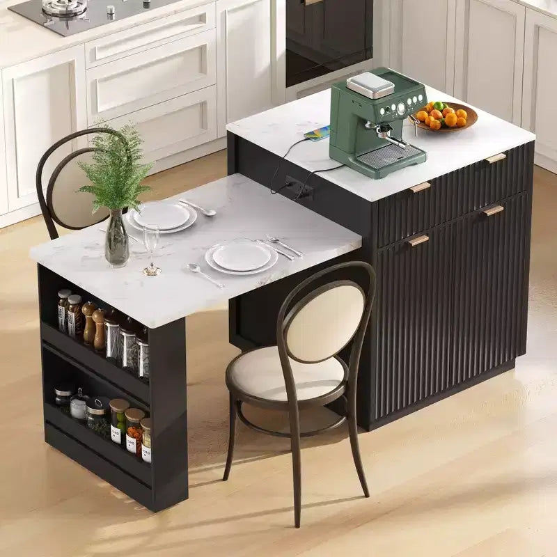 Fluted Kitchen Island with Extendable Table, Power Outlet & Double-Side Storage