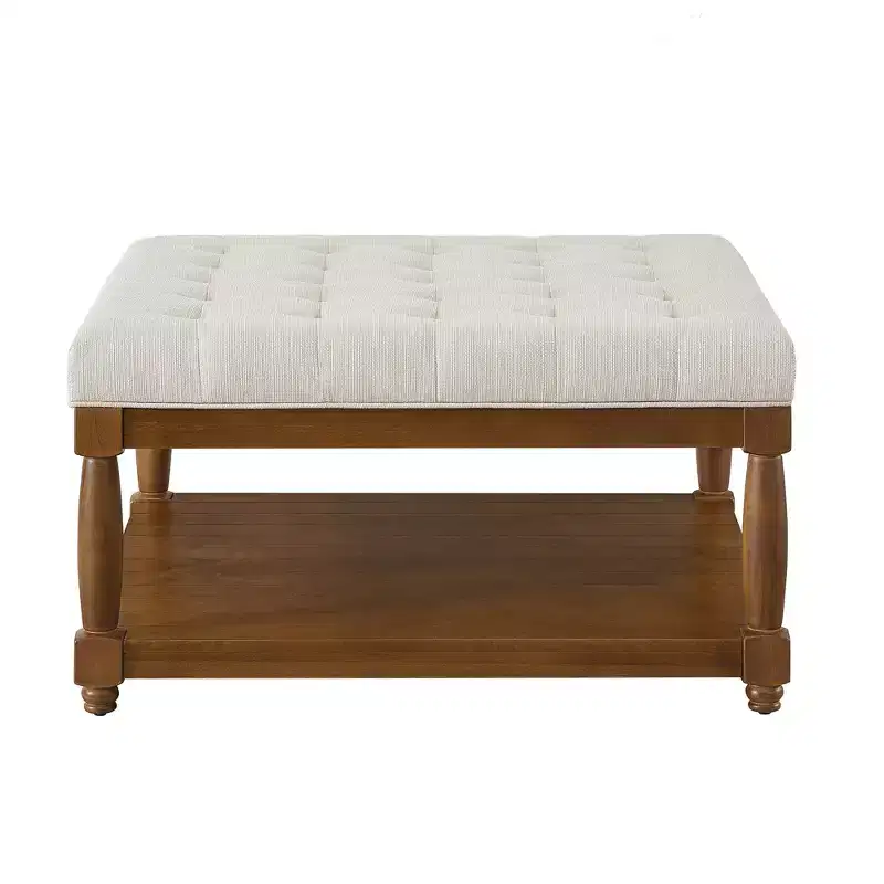 Modern Wooden Square Linen Upholstered Tufted Ottoman with Shelf Storage