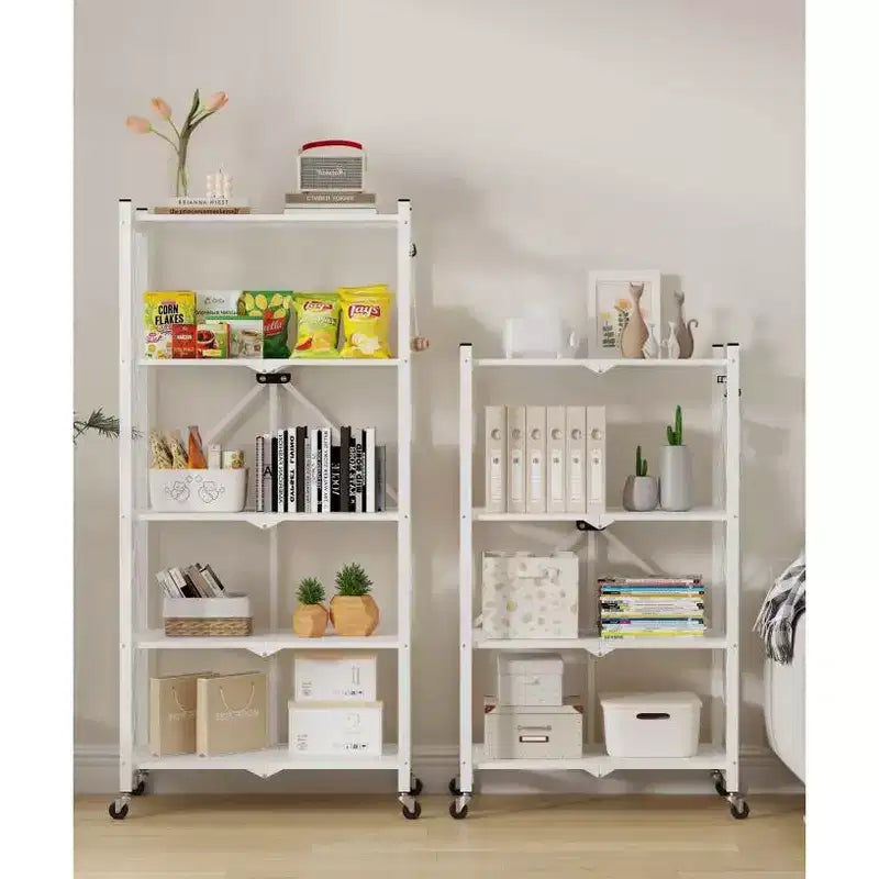 5-Tier Foldable Metal Storage Shelf with Wheels and Side Hooks Heavy Duty Organizer Rack White