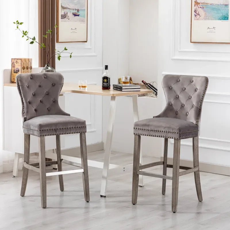 Wingback Tufted Nailhead Bar Stool (Set of 2), Antique Grey Legs