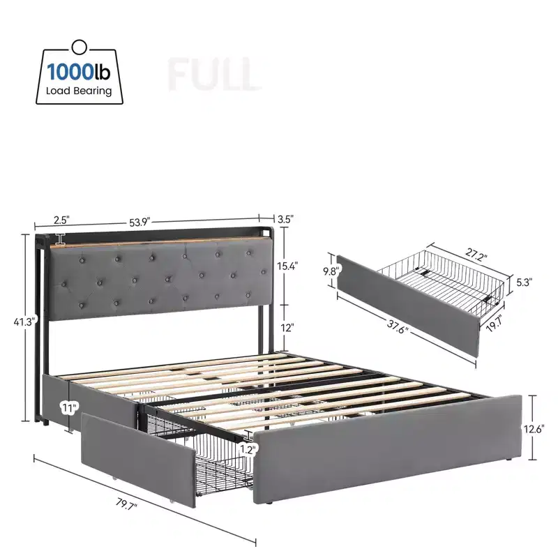 Platform Bed Frame with Headboard and 4 Storage Drawers, Heavy-Duty Metal Supports, No Box Spring Required, No Noise, Easy to Assemble
