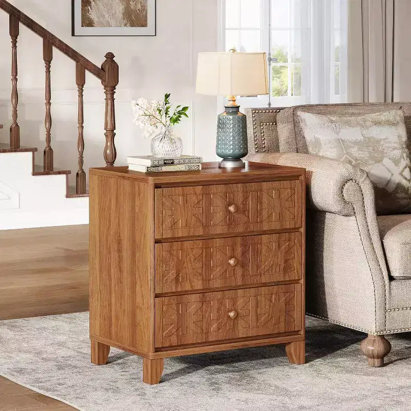 Farmhouse Nightstand with 3 Drawers - Industrial Bedside End Table, Brown