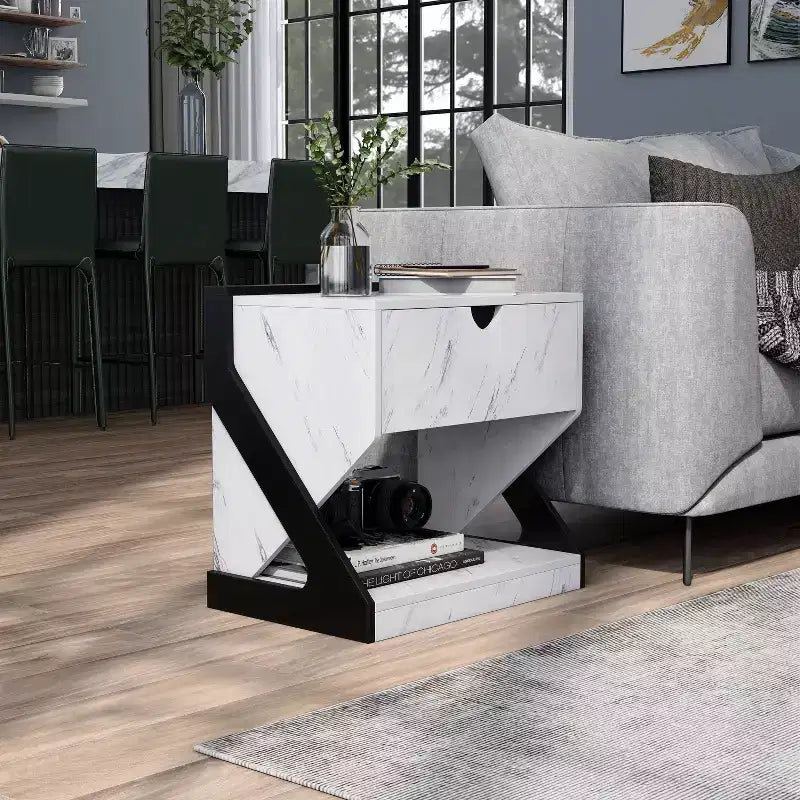 Galahad Modern Faux Marble Nightstand with Drawer White - miBasics: MDF Frame, Open Shelf, Smooth Finish, 50 lb Capacity