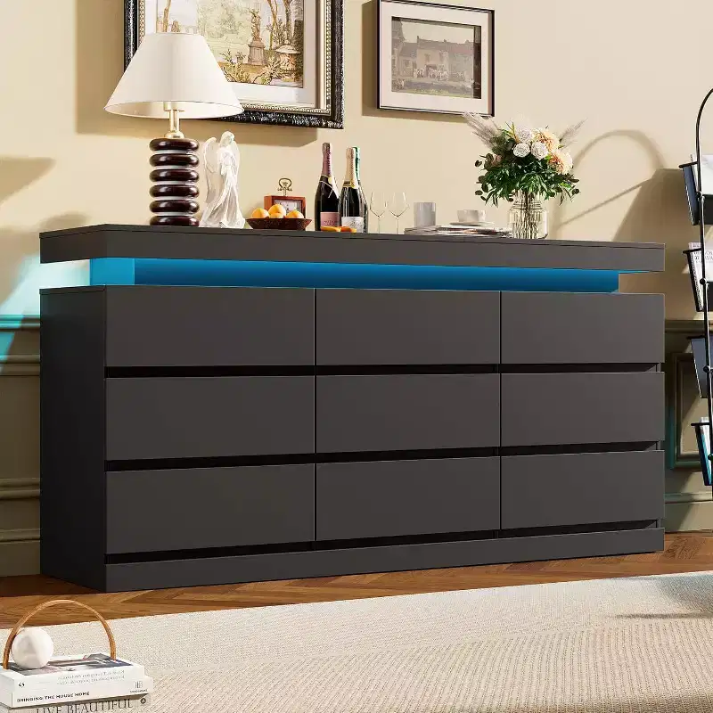 Acekool 9 Drawer Dresser with Ports and Outlets, 63 Inch Wide Chest of Drawers and TV Stand, Bedroom Storage Cabinet