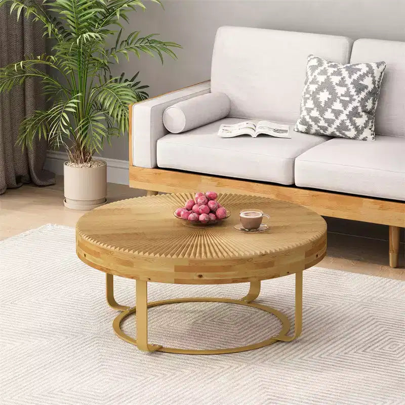 Modern Round Coffee Table �C Carved Pine Wood Top & Metal Legs, 31.5