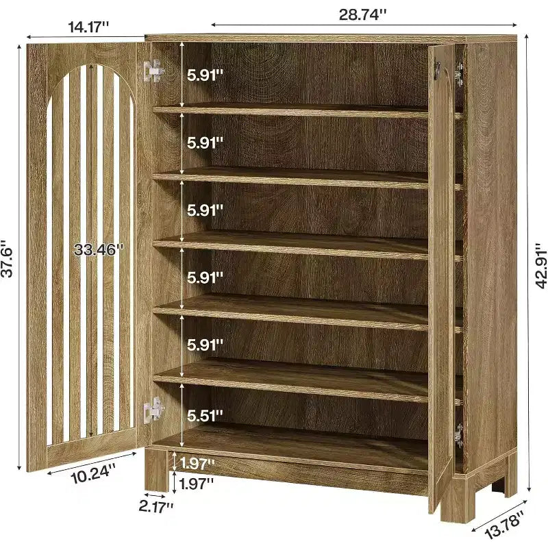 Lantine Shoe Cabinet with Slatted Doors, 6-Tier Entryway Shoe Storage Rack Organizer with Adjustable Shelves for Living Room, Bedroom, Oak