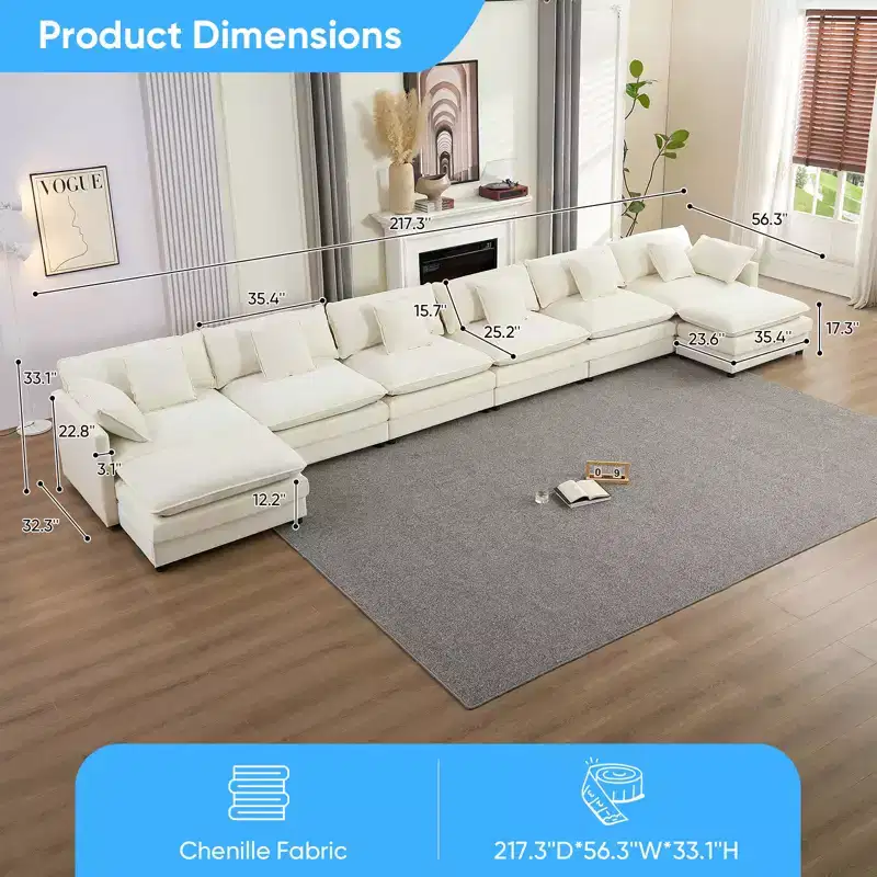 Mjkone 217''U-Shaped Modular Sectional Sofa,8-Seat Cloud Couch with Ottoman and Cushions,Sleeper Deep Seat Couches