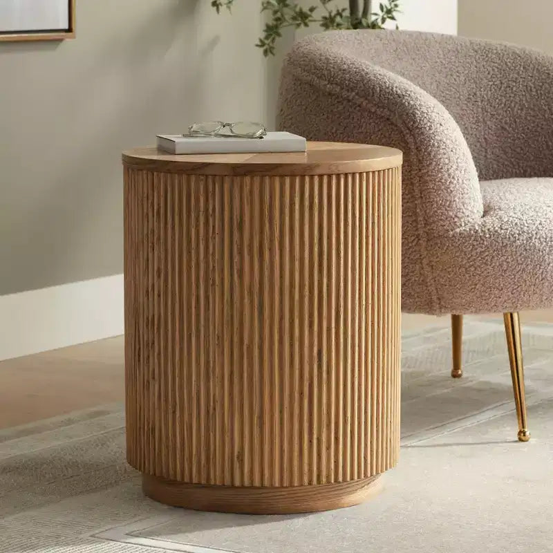 Studio 55D Perch Farmhouse Rustic Natural Oak Wood Round Accent Side End Table 17 3/4 Wide Brown Ridges Base for Living Room Home
