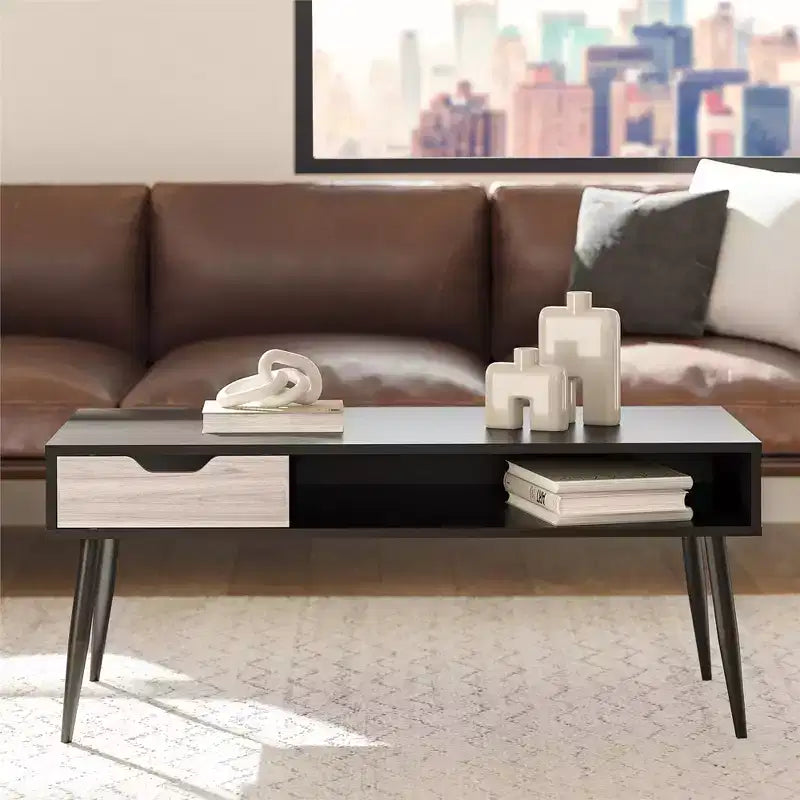 Rectangular Coffee Table with Drawer and Open Cubby, Black