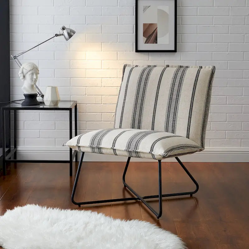 Pillow Accent Chair | Black Stripe Tan Fabric | Metal Wire Base | 26.5W Seat | Modern