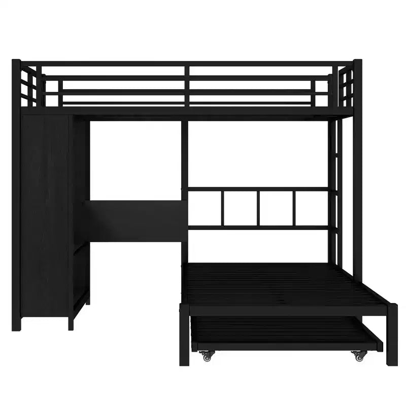 Full over Twin Bunk Bed with Built-in Wardrobe, Trundle, and Foldable Desk