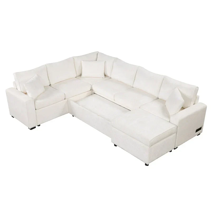 Chenille Sectional Sofa Pull-out Sofa Bed, L-Shape Sleeper Sofa with Storage Ottoman, 3 Pillows and Charging Devices