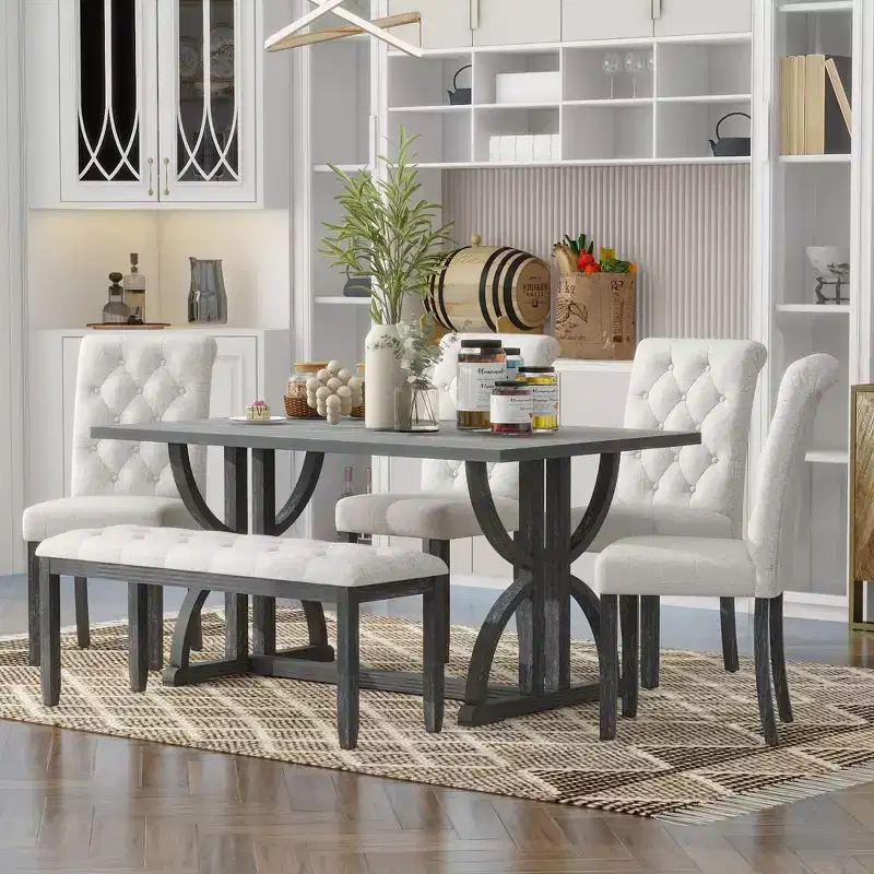GDFStudio Kent 6 Piece Solid Wood Dining Table Set with Upholstered Chairs and Bench