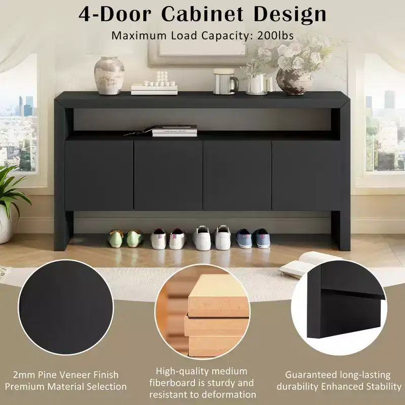 Okak 60 Modern Sideboard Buffet, Solid Wood Storage Cabinet with 4 Doors & Open Shelf for Dining Room Living Room Entranway