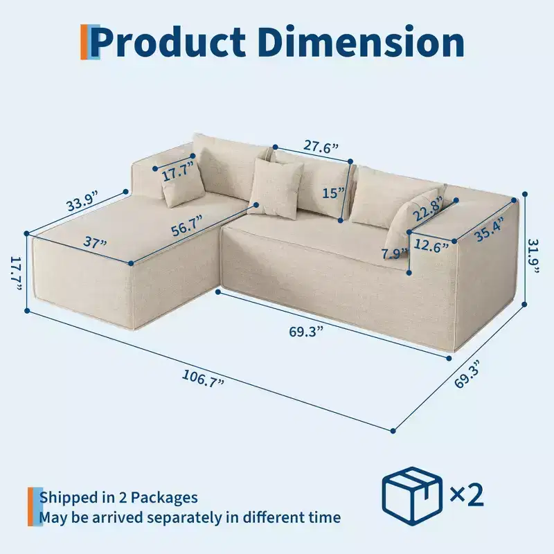 Modular Sectional Couches for Living Room, L-Shaped Sectional Couch with Deep Seat, Upholstered Sofa for Bedroom, No Assembly Required, Chenille