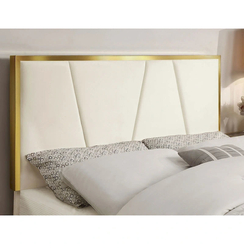Fully Upholstered Platform Bed with Diagonal Tufted Headboard & Gold-Tone Accents �C Beige