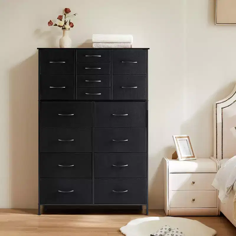 TUYOHW Tall Storage Dresser with 16 Drawers,Wooden Top Sturdy Steel Chest of Drawers for Closets and Bedroom,3-Sized Drawers,35lbs Capacity