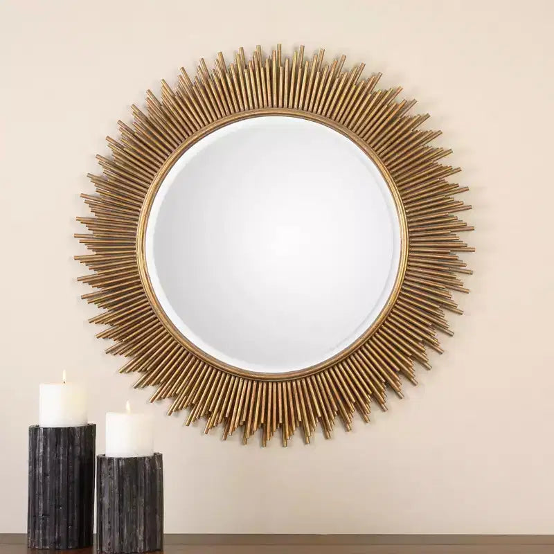 Uttermost Sunburst Vanity Decorative Wall Mirror Modern Beveled Antique Gold Leaf Iron Wood Frame 36 Wide for Bathroom Bedroom