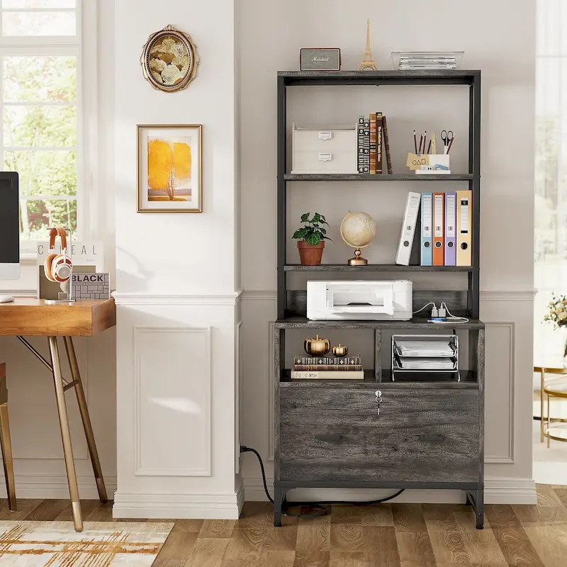 61H Office File Cabinet with Locked Drawers and Hutch, Sideboard with USB Station and Hutch