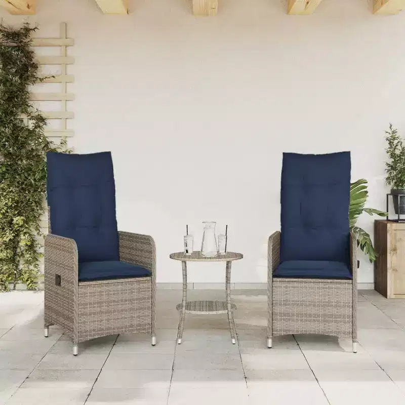 vidaXL Reclining Patio Chairs 2 pcs with Table Gray Poly Rattan