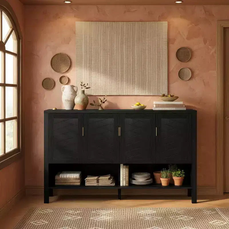 Merax 4-Door Geometric Sideboard with Dual Hooks, Adjustable Shelves, and Open Bottom Display