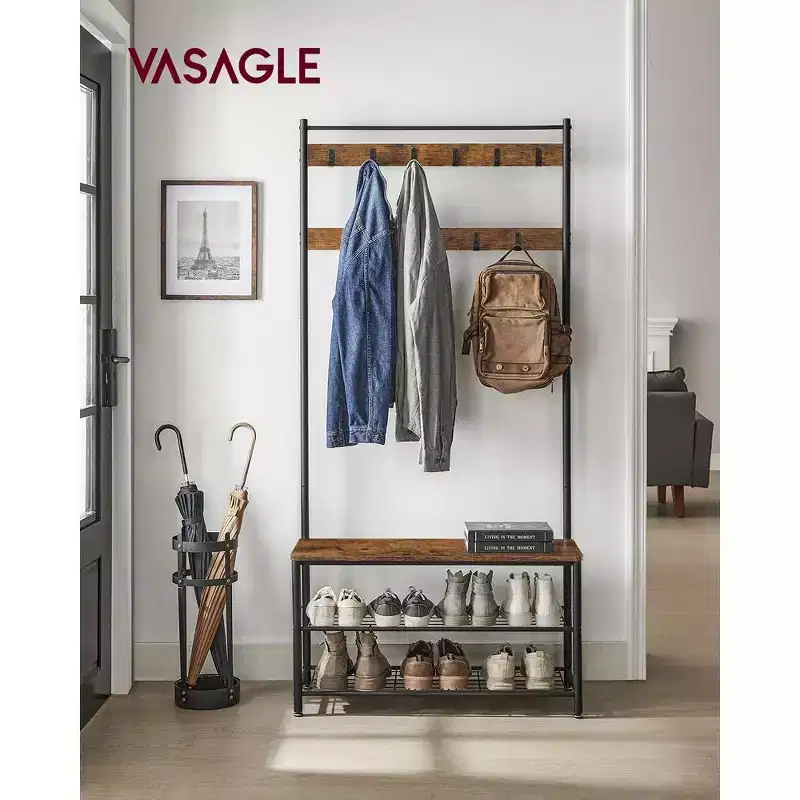 Coat Rack, Hall Tree with Shoe Storage Bench, Entryway Bench with Shoe Storage, 3-in-1, Steel Frame, Rustic Brown and Black