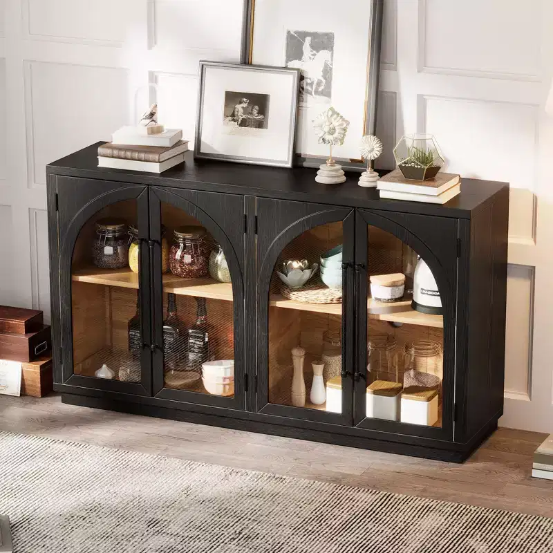 4-Door Storage Sideboard Buffet Cabinet with Glass Doors and Adjustable Shelves