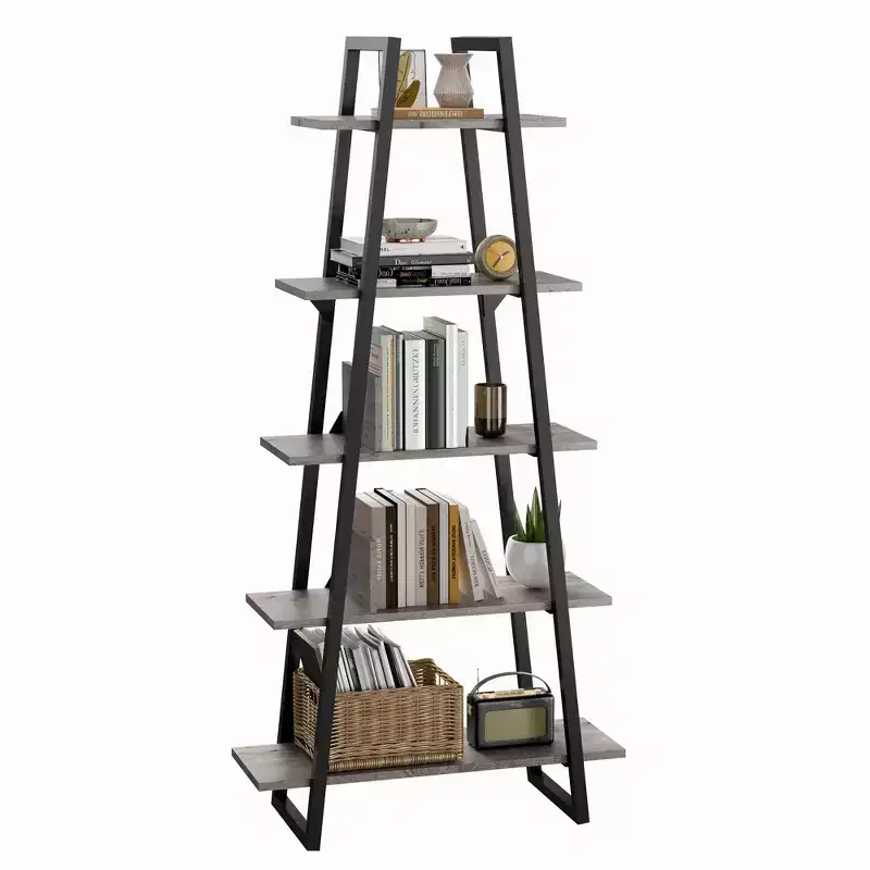 5-Tier Ladder Bookshelf with Metal Support, Tall Rustic Open Etagere Bookcase for Living Room, Office & Kitchen