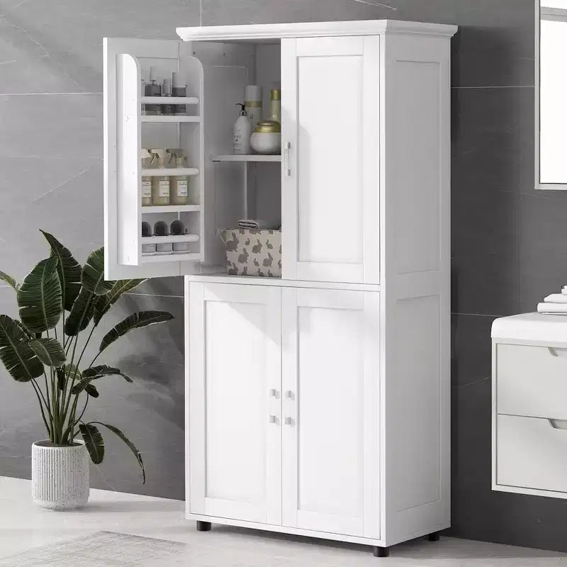 Whisen Minimalist Style Tall and Wide Storage Cabinet, Freestanding Cabinet with 4 Doors and Adjustable Shelves for Bathroom, Office - White