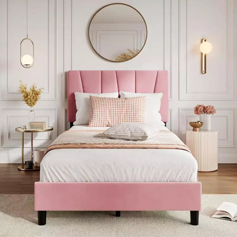 Bed Frame with Adjustable Headboard, Upholstered Platform Bed Frame with Strong Wooden Slats, No Box Spring Needed, Easy Assembly