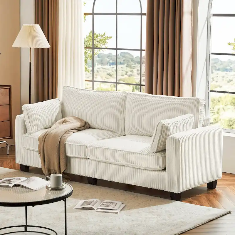 LUE BONA 81 Modern Corduroy 3 Seater Sofa, Polyester Rectangle Upholstered Sofa with Wood Base for Living Room